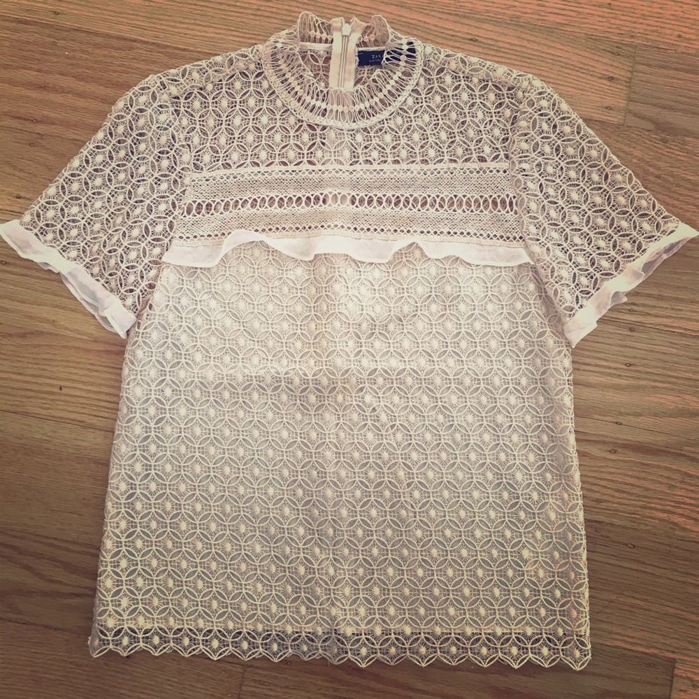 Zara blush lace shirt sleeve blouse top XS